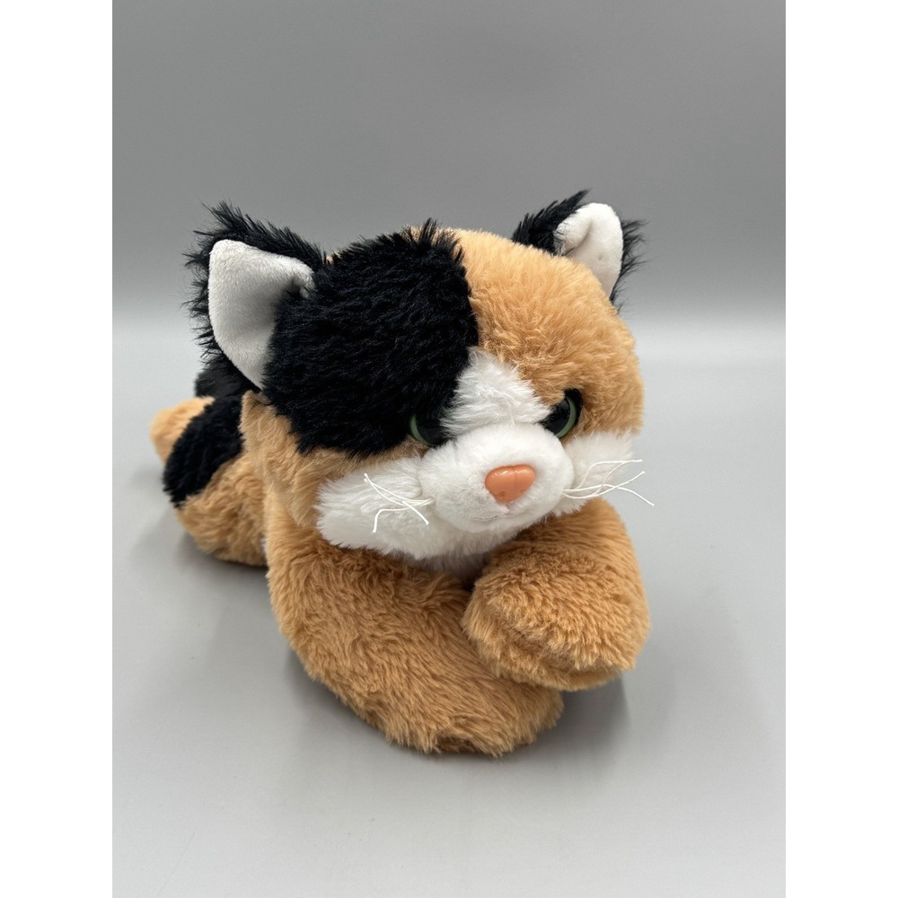 Walmart Calico Cat Plush Stuffed Animal Laying Flat 15" Kitty Green Eyes